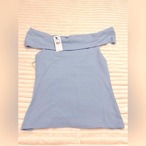Express Light Blue Ribbed Off-Shoulder Top - Picture 3 of 7